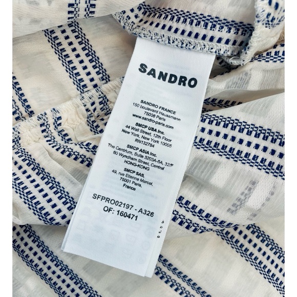 SANDRO • Ecru/White/Navy Stephanie Stripe Boho Lace-Trim Tiered Mini Dress, S - Picture 15 of 16